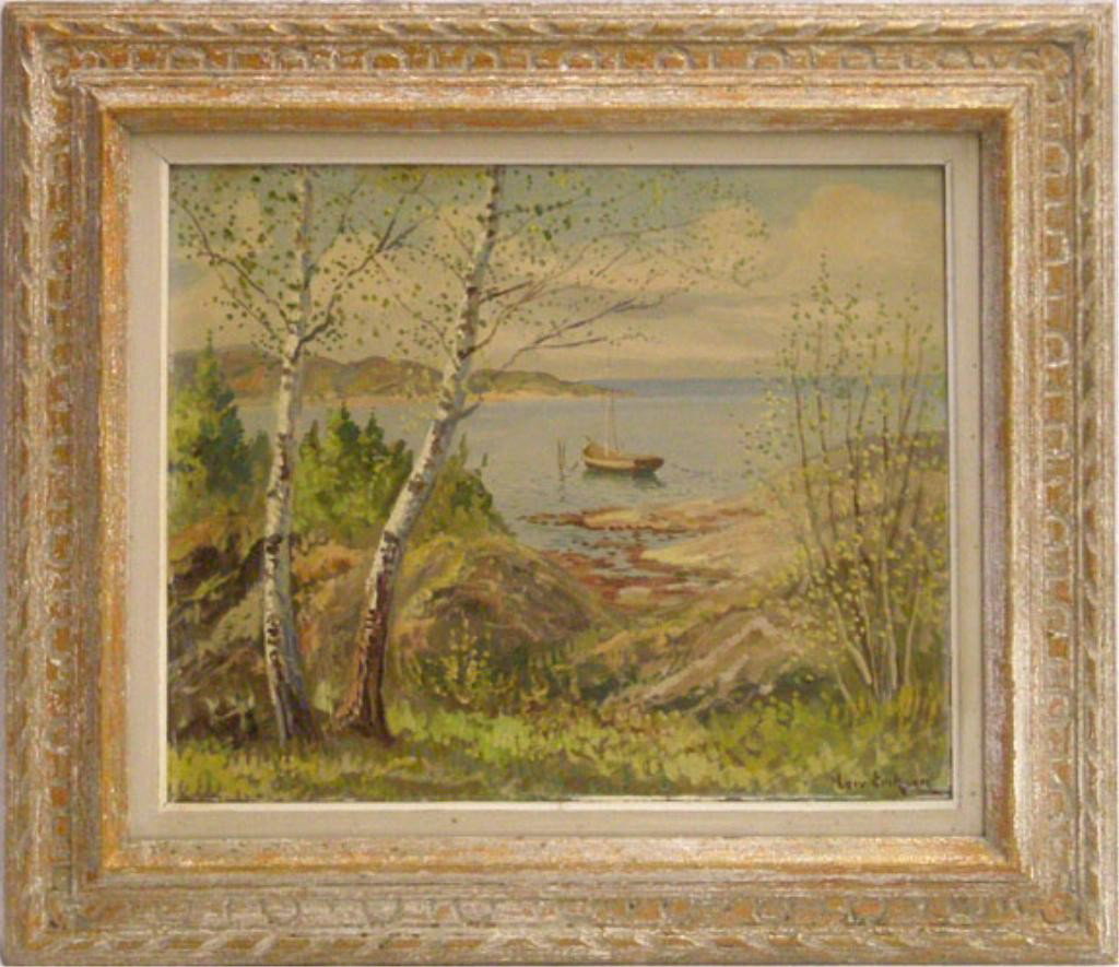 Eriksen, o/b, Scandinavian Lake: Leiv Eriksen, signed, oil on masonite, Scandinavian Lake. 18 x 21 1/2 = image 27 x 29 1/2 = frame Cond. No issues identified.