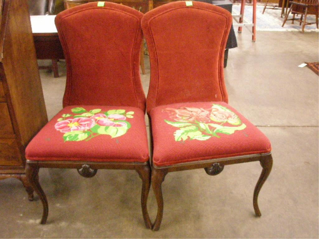 Set of 4 Stylized Dining Room Chairs: Set of 4 stylized dining room chairs, mahogany cabriole legs with shell carved apron, velour backs, needlepoint seats, mid 20th c. hgt 37 1/2". Condition: No issues identified