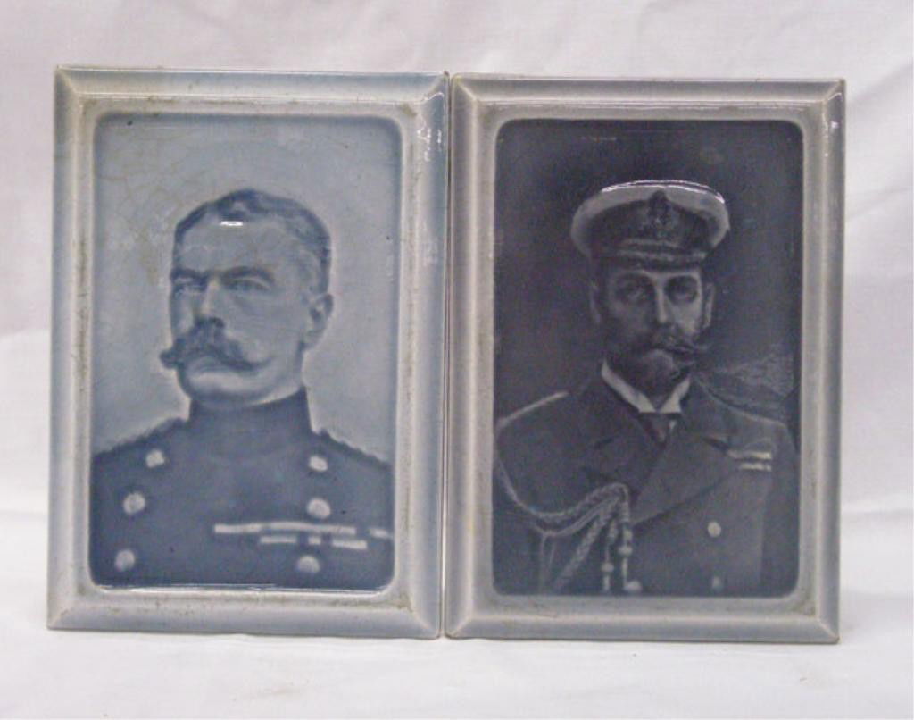 Poole Pottery Portrait Plaques: c. 1914 Poole English pottery Lord Kitchener & King George V 6" x 4" portrait plaques, Kitchener plaque is marked on back, George V plaque is not marked. Condition: Both have heavy crazing, small chip