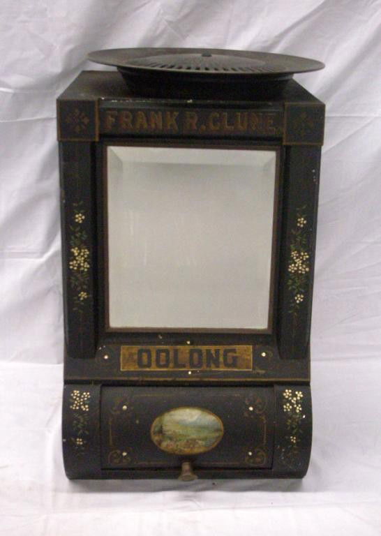 19th c. Decorated Toleware Tea Bin: Late 19th c. decorated Toleware Oolong tea 23" x 13" x 16" Frank R. Clune country store counter top tea bin. Condition: Areas of wear & loss, top portion may not be original.