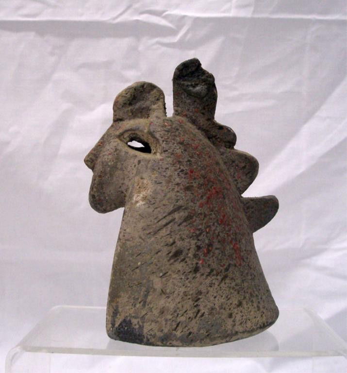 Joy Fox McGrew Pottery Sculpture: Unsigned Joy Fox McGrew 6 1/2" x 4" contemporary pottery sculpture of a rooster head. Condition: Very good with minor wear.