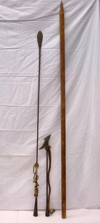 19th c. Whaling Lance, Harpoon & Pole: 19th c. Macy Cast-Steel signed hand forged 65 1/2" Whaling lance/killing iron, together with a illegibly signed 30 1/2" hand forged iron Toggle harpoon & 75 1/2" wood pole which is used to attach eith