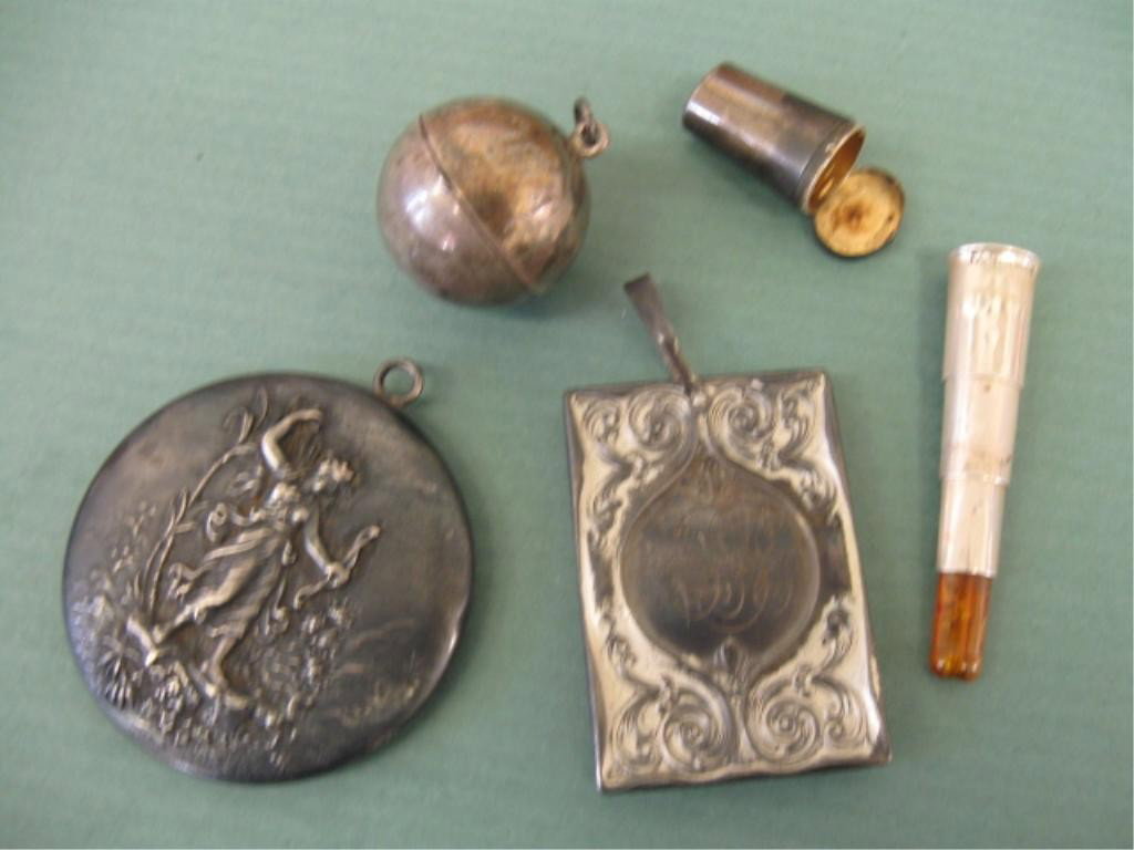 Group of Silver Chatelaine Accessories: Group of silver chatelaine accessories, sterling F & B aide-memorie w/celluloid leaves, sterling ball coin holder, silver plated mirror w/embossed scene of diana. Also a sterling F & B telescoping cig