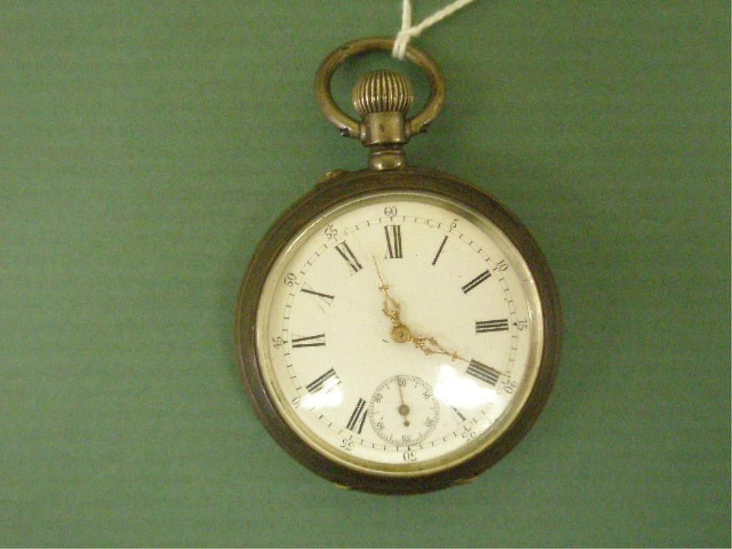Open Face Pocket Watch, French: French 800 silver open face pocket watch, w/interior touch marks, 41 mm stem wind movement, porcelain dial w/second hand chapter, fancy gold indicator hands, stallions engraved on back of case. Cond.