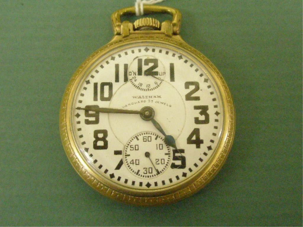 Waltham Vanguard Open Face Pocket Watch: Waltham Vanguard 23 jewels open face pocket watch, 10k gf case, engraved 40mm adjusted movement, 6 positions, Lossier inner terminal hair spring, #26128739, porcelain dial w/second hand chapter ring &