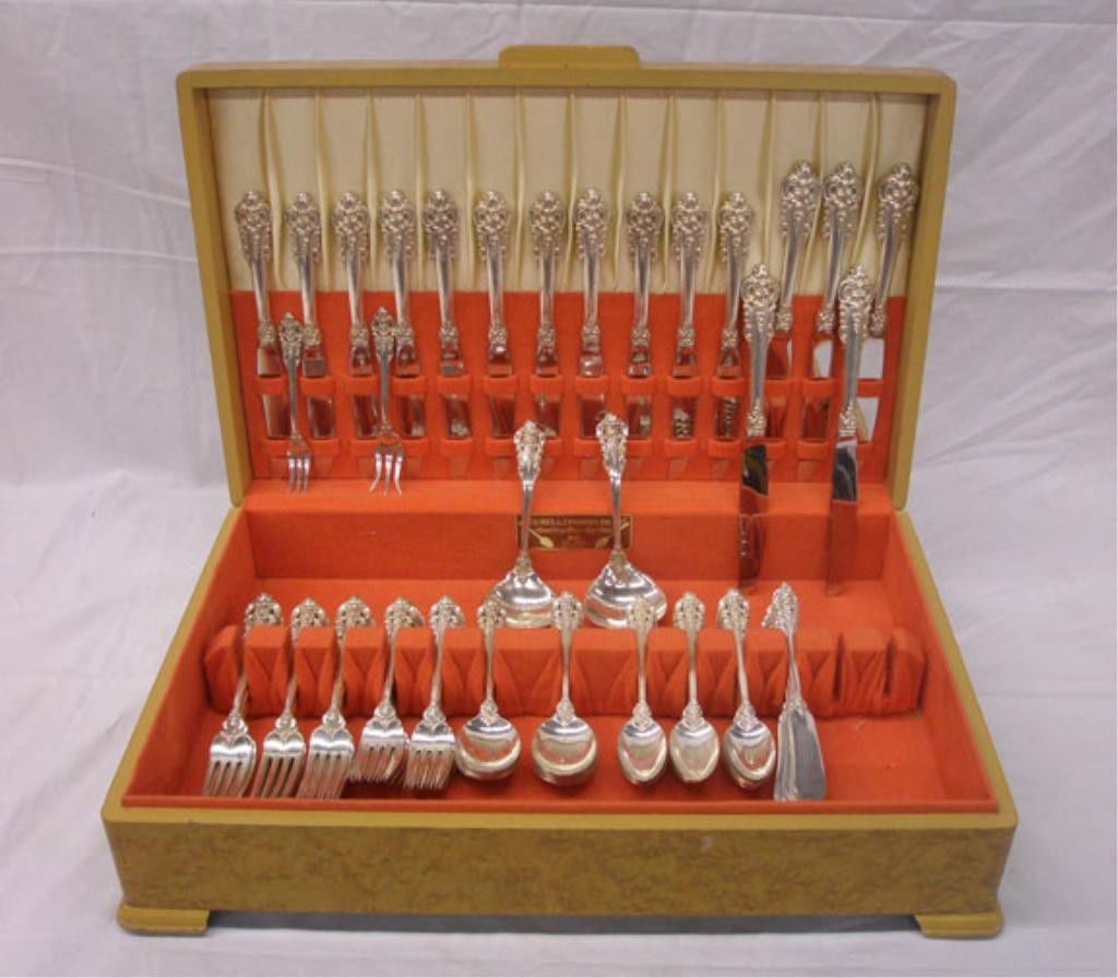 Wallace Sterling Silver Flatware Set: Wallace Silversmiths sterling silver Grand Baroque pattern 107 piece flatware set with chest, service for 11 with extra & serving pieces, (11) 8 7/8" knives, (5) 9 3/4" knives, (11) 7 1/2" forks, (4)