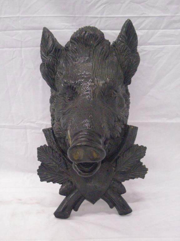 Black Forest Carved Wood Boars Head: Early 20th c. Black Forest carved wood 9 1/4" x 17 1/4" Boars head wall display with glass eyes. Condition: Very good with areas of minor wear & loss.