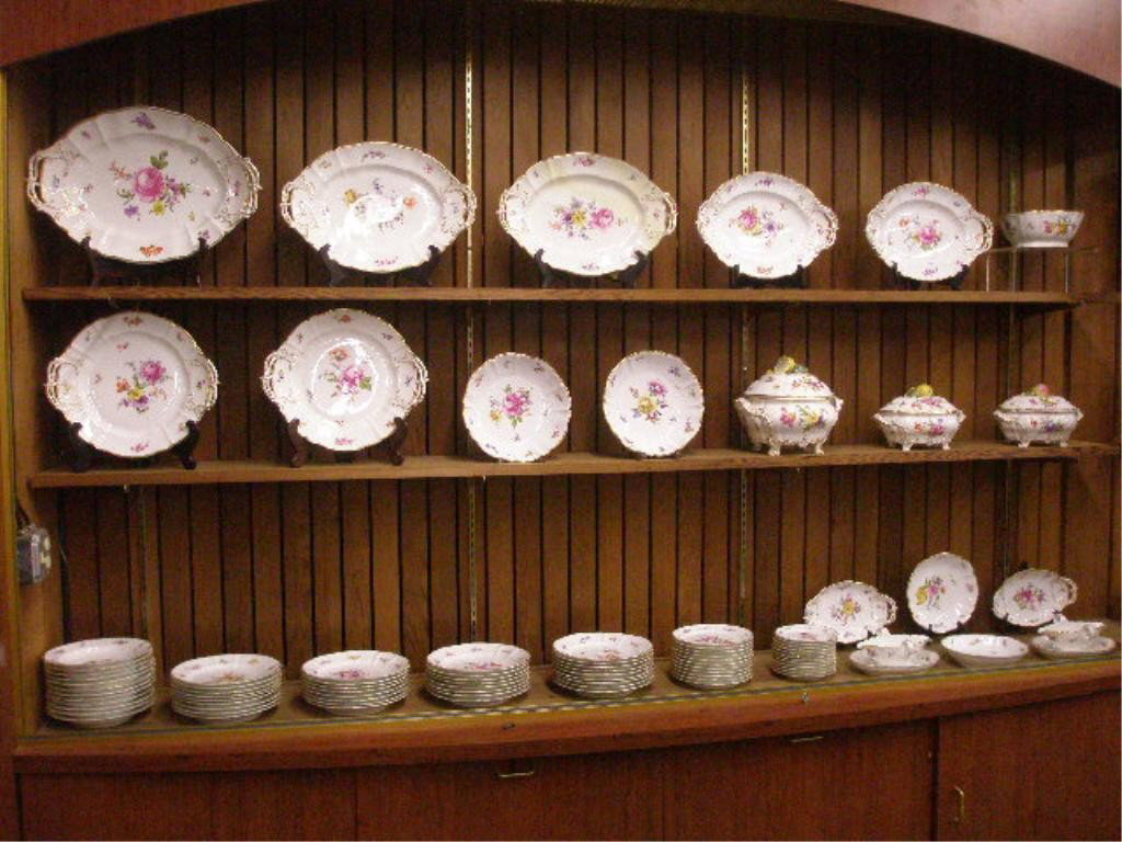 19th c. Nymphenburg Porcelain Dinner Set: Late 19th c. Nymphenburg porcelain #1012 pattern (Rococo shape, floral bouquet, gold tooth edge) 88 piece dinner set, service for 11 with extra & serving pieces, includes (34) 9 3/4" luncheon plates, 