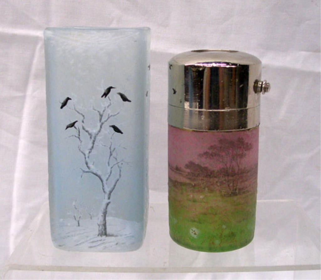 Daum Nancy Art Glass Vase & Perfume Atomizer: Daum Nancy signed & unsigned French art glass Winter Scene 5" cabinet vase & Summer Scene 4" perfume atomizer bottle, square form vase with textured finish & enamel painted birds in trees, atomizer ha