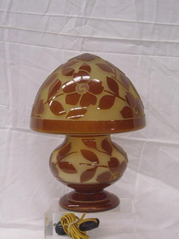 Czechoslovakian Cameo Glass Gnome Lamp: 1930's Bulova Czechoslovakian cameo glass 12" mini gnome lamp, yellowish brown satin finish with amber cameo floral design, marked Bulova, Czechoslovakia, 2177 on base. Condition: Works, very good wit