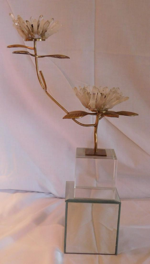 Brass quartz crystal and lucite flower sculpture: Brass quartz crystal and lucite flower sculpture, 12" with amethyst crystal centers, upon a lucite cube, plus a 4" beveled mirrored cube. Condition; no noticeable losses or damage