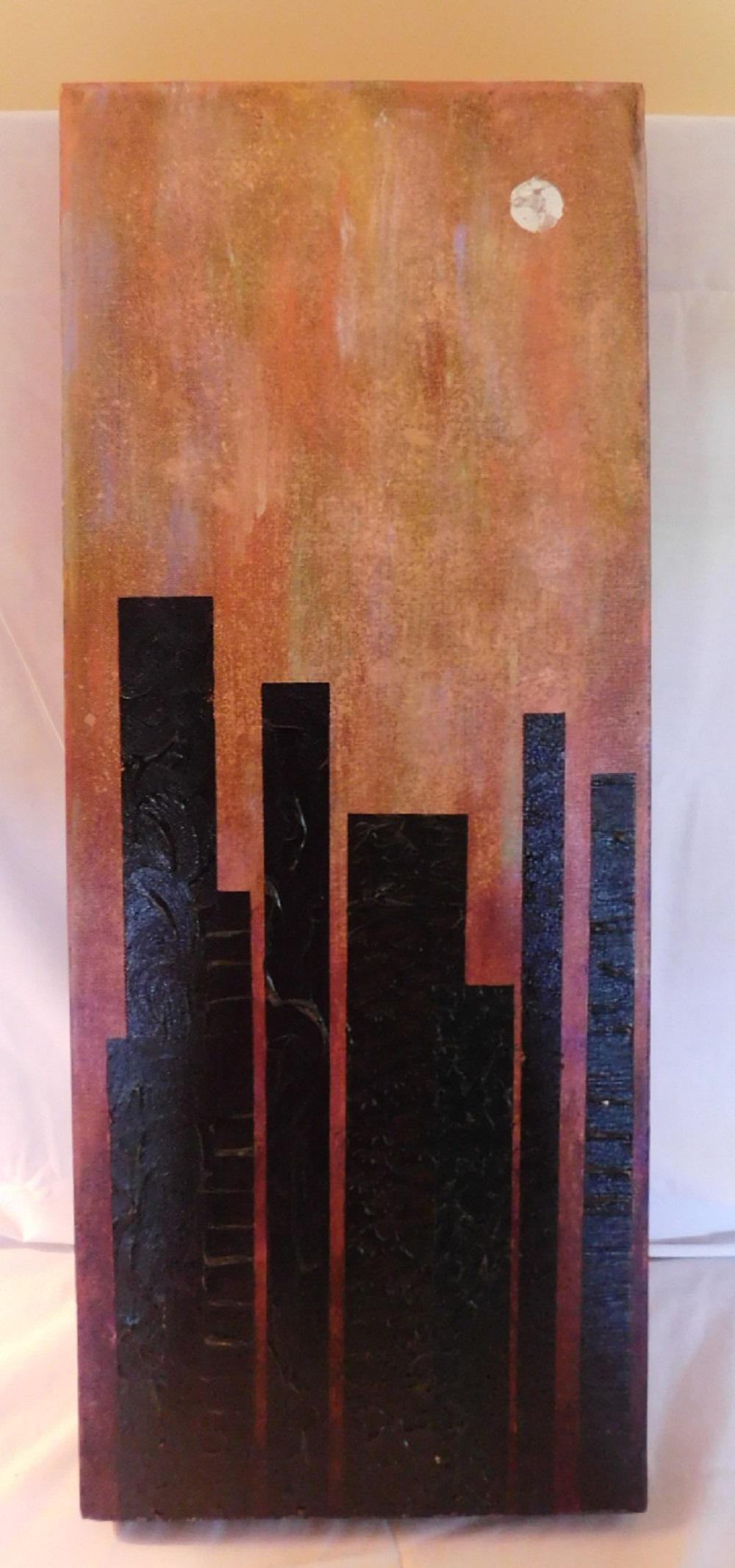 Michelle Caranth? abstract oil on canvas: Unframed Michelle Caranth? (signed on verso) abstract oil on canvas, "Inspired" featuring black rectangulars in silver disc, 12" x 30". Condition: very good