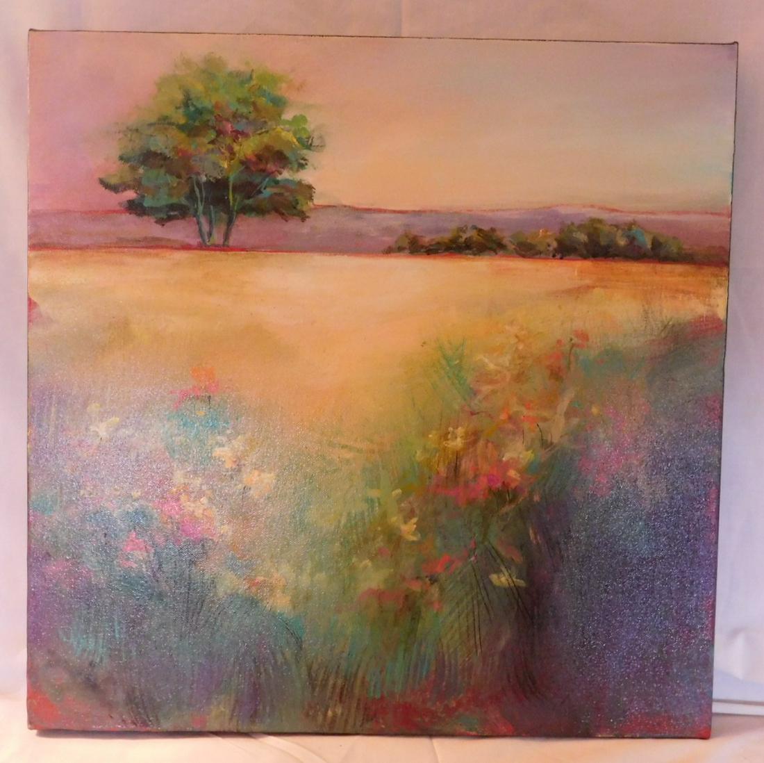 Karen Hale oil on canvas: Karen Hale oil on canvas," Nature's garden (April 2021), landscape with flowers, 20" x20" Condition; very good