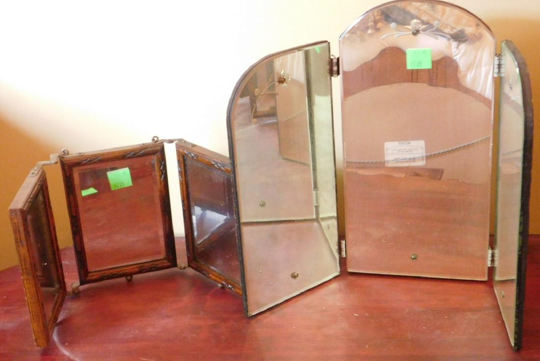 Mirrors, plateaus, trays and other: Mirrors, plateaus, trays and other including (2) tri fold table mirrors (larger - 16" h.), Venetian glass tray (or wall mirror), 20" l., various sized plateaus and dresser trays , 4 1/2" - 12". Condit