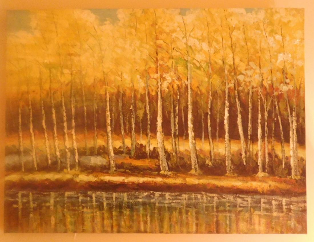 Unframed oil on canvas: Unframed oil on canvas, unsigned, birch trees at rivers edge, 30" x 40" Condition: very good. NOTE: NO SHIPPING ON THIS LOT. LOCAL PICKUP ONLY!