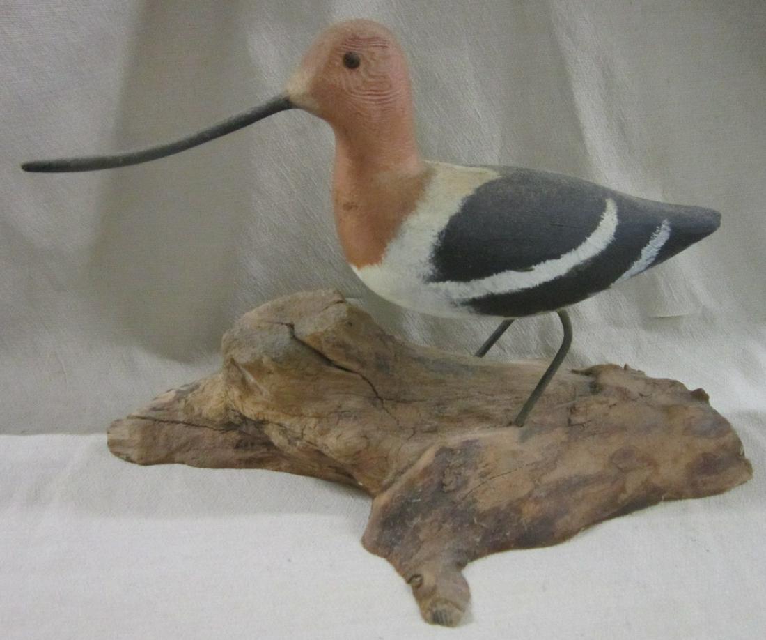Thomas Gatman Sea Bird Carving: Thomas Gatman Sea Bird Carving, signed on underside, a carved and painted wood, American Avocet with glass eyes, metal legs upon a driftwood base, 14" x 10" x 8". CONDITION: Very good.