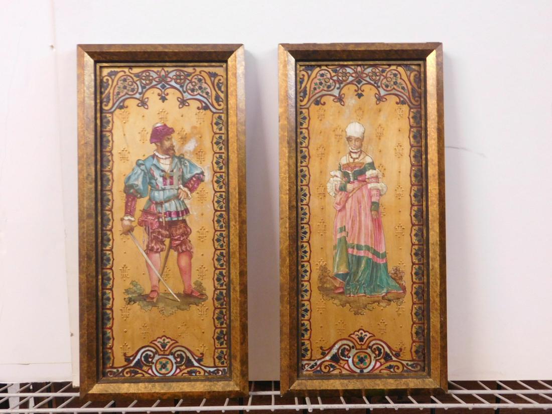 Pr 19th C Paintings on Porcelain: Pair 19th C Paintings on Porcelain, signed T Buunicourt ?, gilt field with elaborated standing Renaissance male and female figures and elaborated multi colored borders; sight 14 1/4' x 6", gilt wood f
