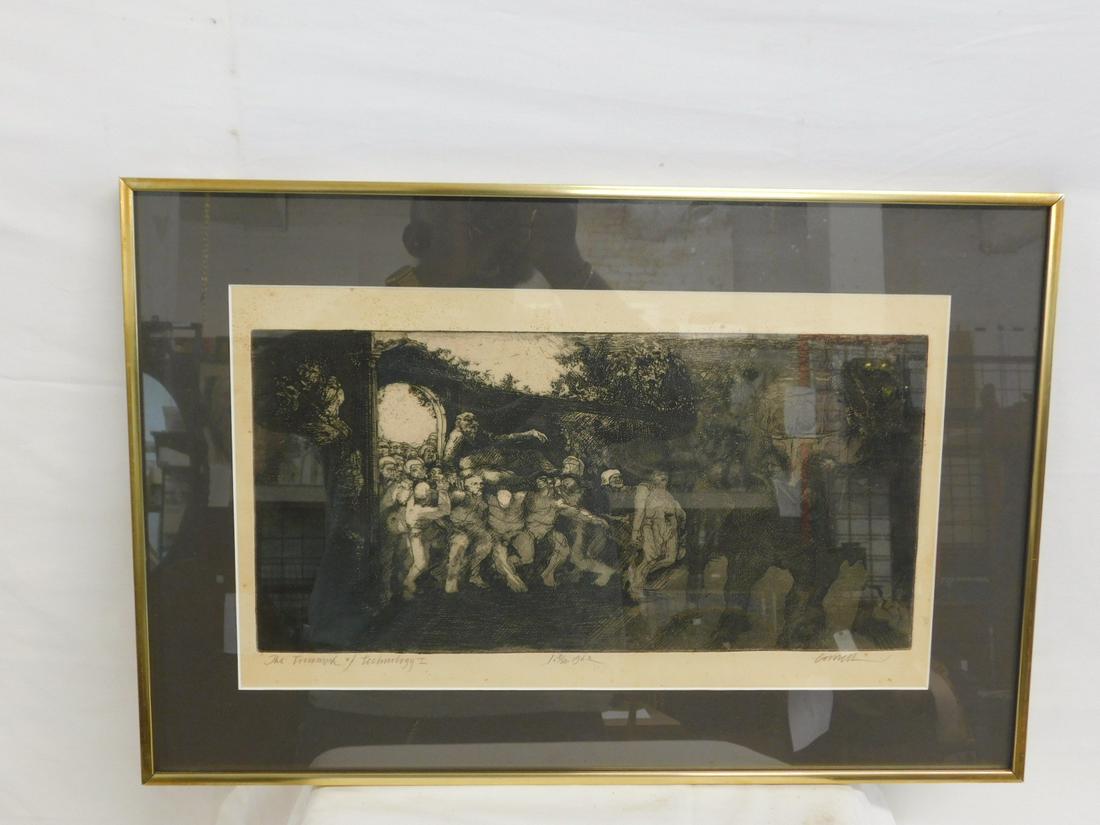 Thomas Cornell Engraving: Thomas Cornell Engraving, American 1937-2012, pencil signed lower right "Cornell", dry point engraving on Archival paper, "The Triumph of Technology I", 1 . 3/50, 1962; sight 8 3/4" x 17 3/4", matted