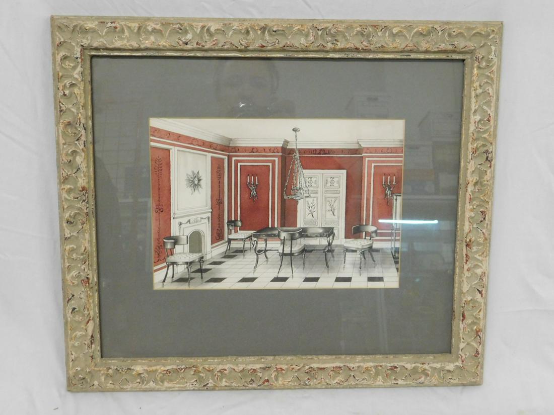 Designer Interior Watercolor: Designer Interior Watercolor, unsigned, a Neo Classical style room with fireplace, fancy double doors, lighting and furniture, sight 10 1/2" x 7 1/2". CONDITION: Very fine, not examined out of frame.