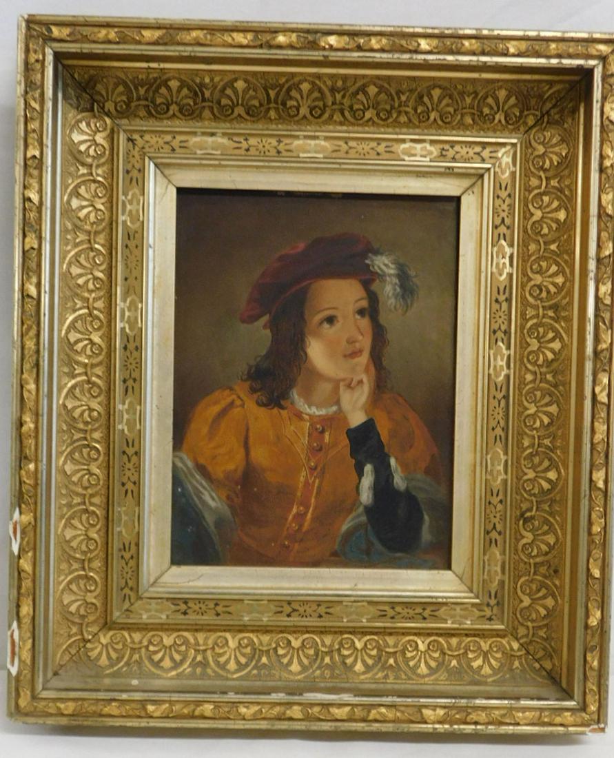 Pageboy Portrait Painting: Pageboy Portrait Painting, 19th C, oil on artist board,a half portrait of a Renaissance Pageboy with hand to his chin; oil on canvas, sight 8 1/4" x 6 5/8", elaborate gilt frame 11 1/2" x 10". CONDITI