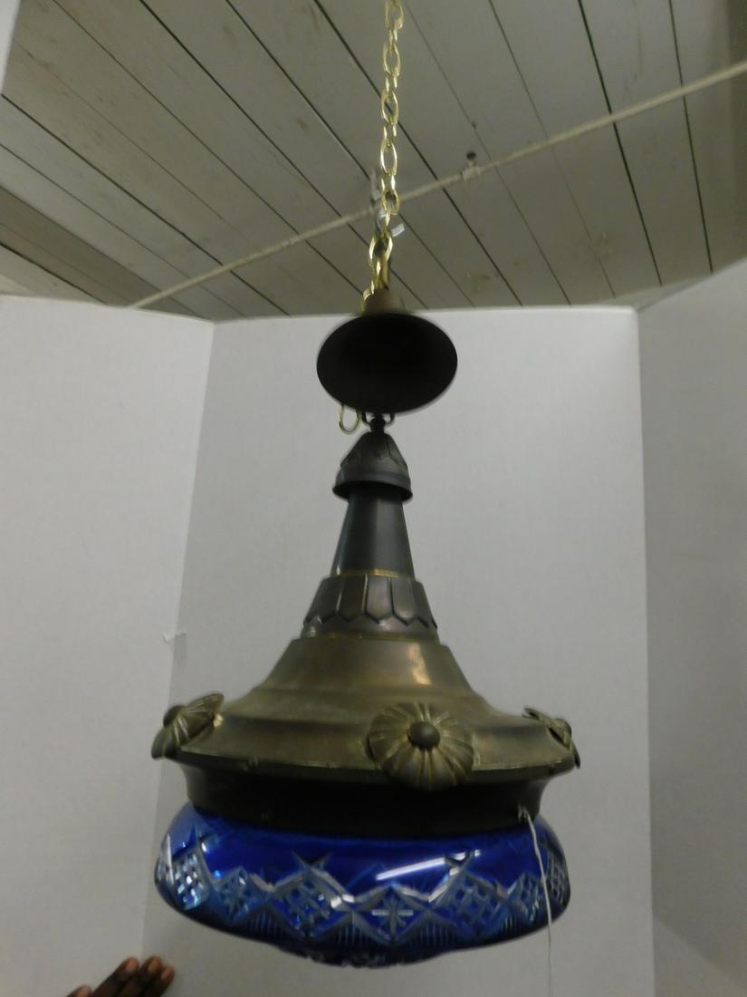 Cut Glass Hall Chandelier: Cut Glass Hall Chandelier, a star and cane cobalt cut to clear glass, 12"d dome with an embossed cone form having applied buttons, approximately 20"h. CONDITION: Very fine. Brass is tarnished, electri