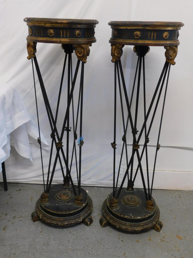 Pr French Empire Pedestals: Pair French Empire Pedestals, gilt and ebonized wood and metal, scroll, rosette and floral embellishments, early 20th C, 44 1/2", 14"d. CONDITION: Areas of finish and gilt wear and losses.