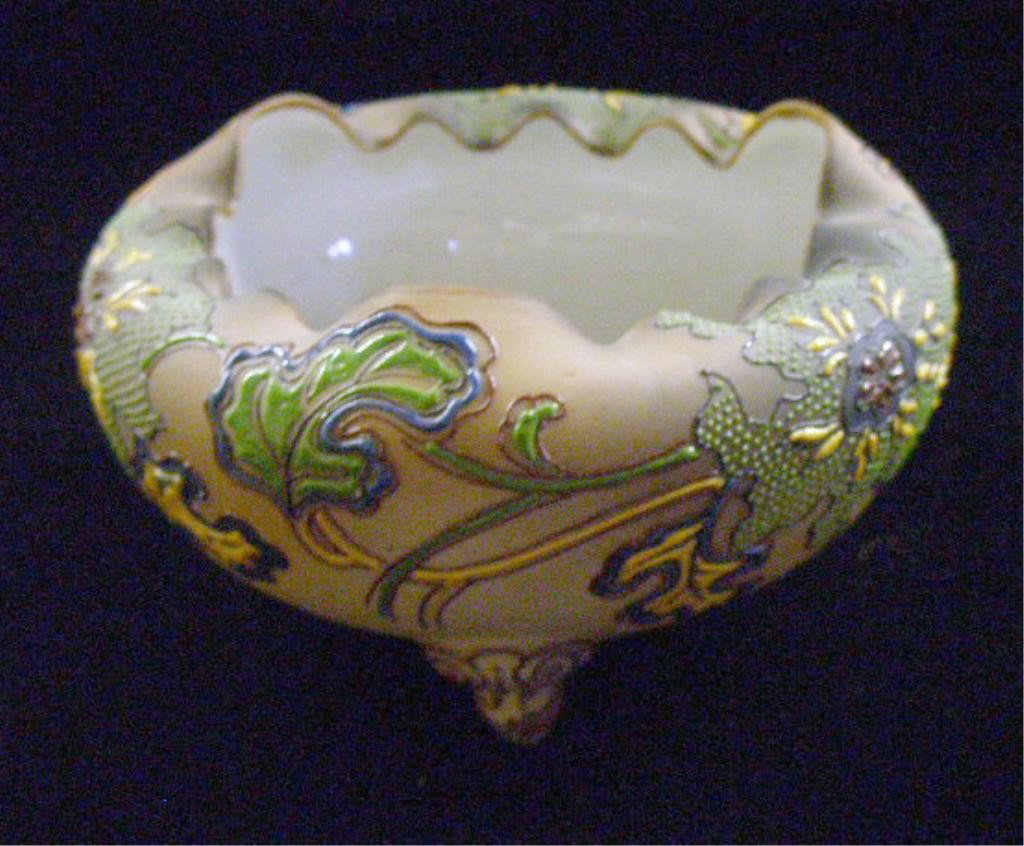 Nippon Moriage Rose Bowl: Nippon Moriage porcelain 5" x 3" three footed rose bowl. Condition: Very good with no damage.