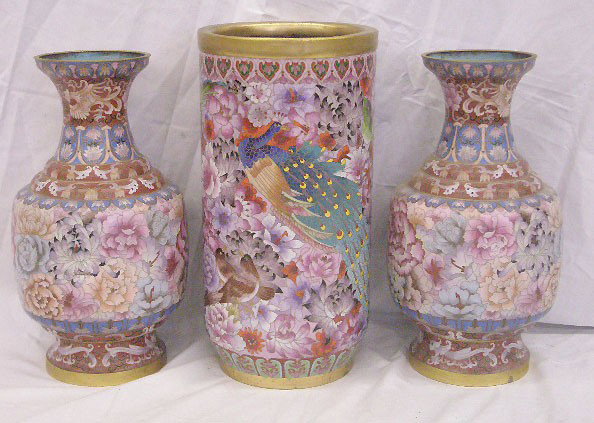 Cloisonne Umbrella Stand & Vase: Contemporary Cloisonne 16 1/4" umbrella stand & pair of 15" vases. Condition: Umbrella stand is very good with no damage, vases have section with damage.