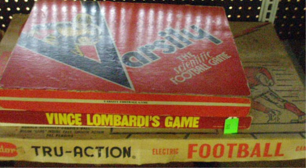 1940's-1970's Football Games: 1940's-1970's Football games, 1940 Cadaco-Ellis Inc. Varsity, The Scientific Football game, 1950's Tudor Tru-Action Electric Football & 1970 Research Games Inc. Vince Lombardi's Game. Condition: Varsi