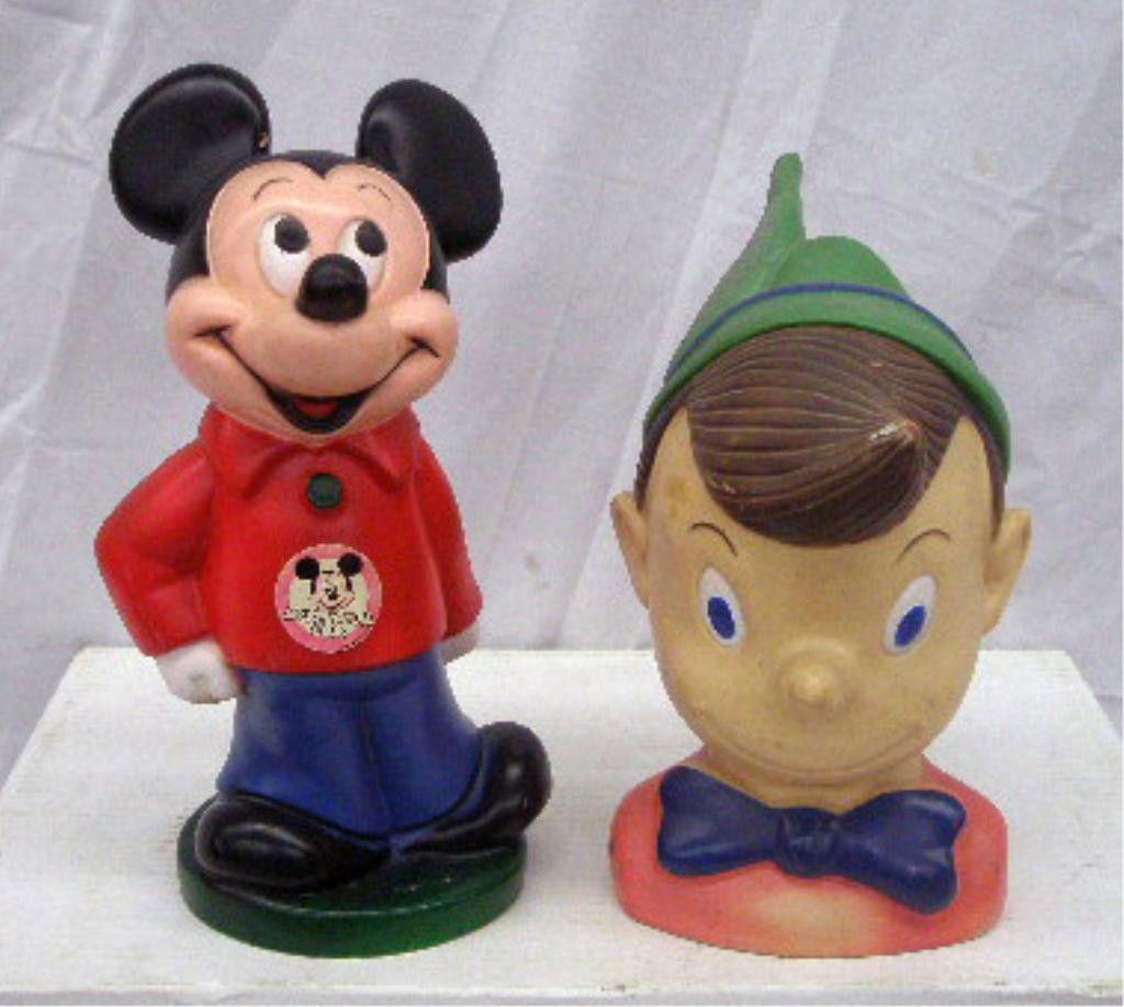 1960's Mickey Mouse Bank & Pinnochio Cookie Jar: 1960's painted hard plastic Play Pal Plastic Inc., Walt Disney Productions Mickey Mouse/Mickey Mouse Club 10 /2" bank & Rondec Pinnochio 9 1/2" cookie jar. Condition: Mickey Mouse is missing stopper o