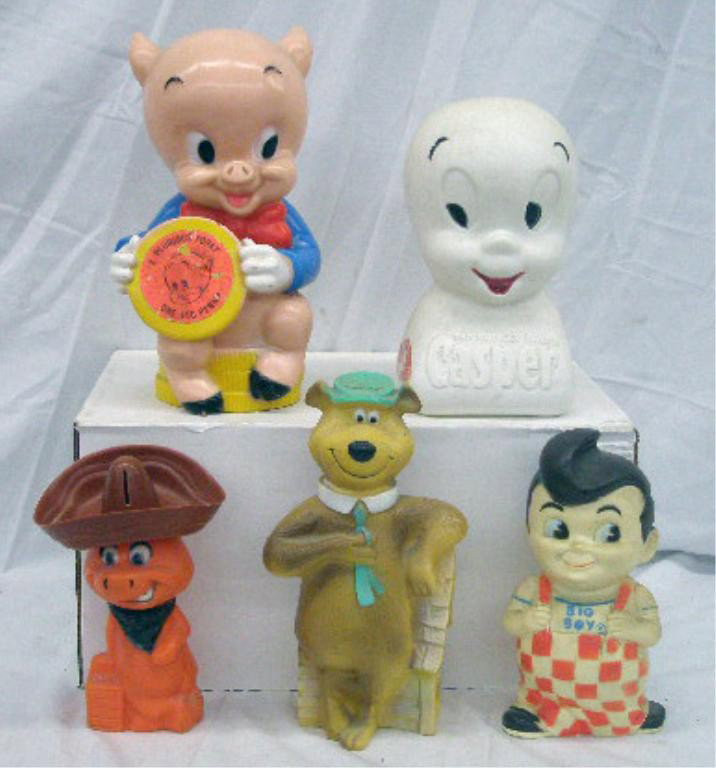 1960's & 1970's Character Banks: 1960's & 1970's hard plastic & rubber character banks, N.Y. Vinyl Prod. Corp. 12" Porky Pig, A.J. Renzl Corp., Harvey Cartoons Casper The Friendly Ghost, unmarked 8" Babaloo, 9" rubber Bob's Big Boy &