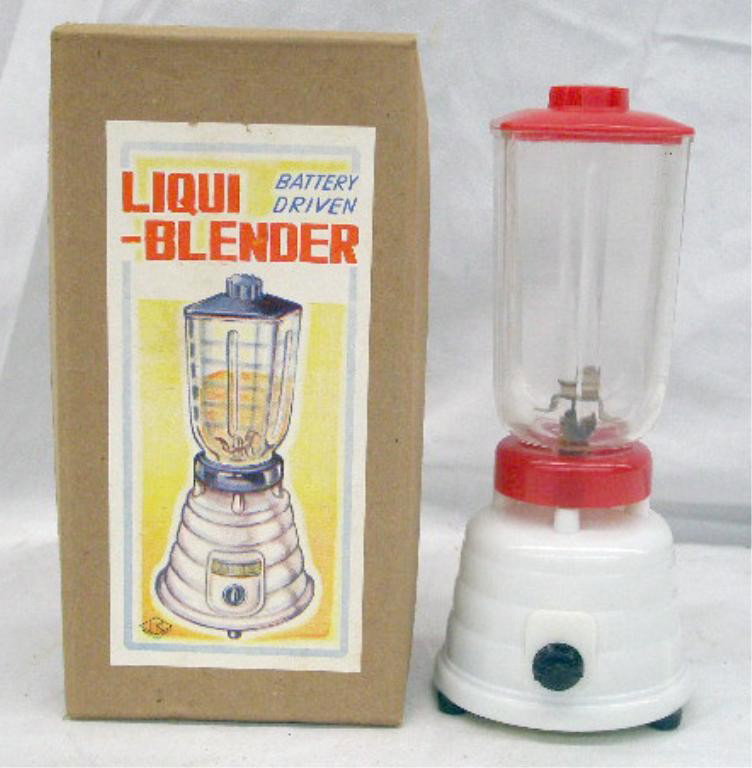 1960's Battery Operated Liqui-Blender: 1960's Japanese plastic battery operated Liqui-Blender with original box. Condition: Not working, overall very good condition with small loss on red section of base & rust on bottom, box is in excelle