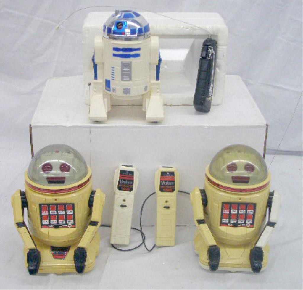 1970's & 1980's Battery Operated Robots: 1978 General Mills battery operated/remote control R2- D2 & two 1980's Tomy battery operated/remote control Verbots. Condition: Not working, 1 Verbot has replaced arm, overall condition very good with