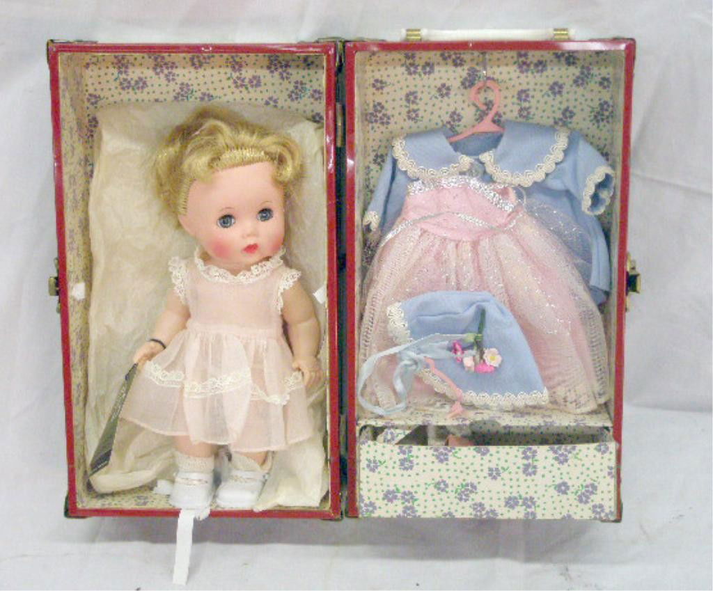 1950's R&B Littlest Angel Doll: 1950's R&B Doll Company 10" vinyl & hard plastic Littlest Angel doll with metal trunk form case & extra accessories, sleep eyes, open mouth. Condition: Very good with minor wear on doll, accessories &