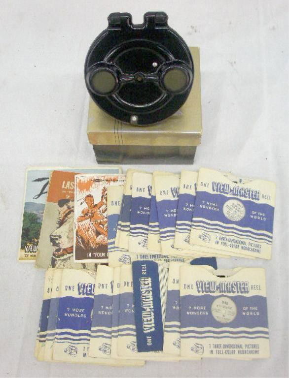 1950's View Master & Reels: 1950's View Master viewer with original box & 25 assorted western & other television shows & other reels. Condition: Viewer & box are very good with minor wear, reels & holders have minor wear.