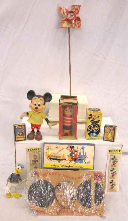 Vintage Walt Disney Dolls & Novelties: 1950's & 1960's Walt Disney dolls & novelties, boxed Knixies plastic Pinocchio doll, Dakin plastic Mickey Mouse doll, Louis Marx Co. Inc. plastic Donald Duck figure, Mickey Mouse Club Musketeer Ears i