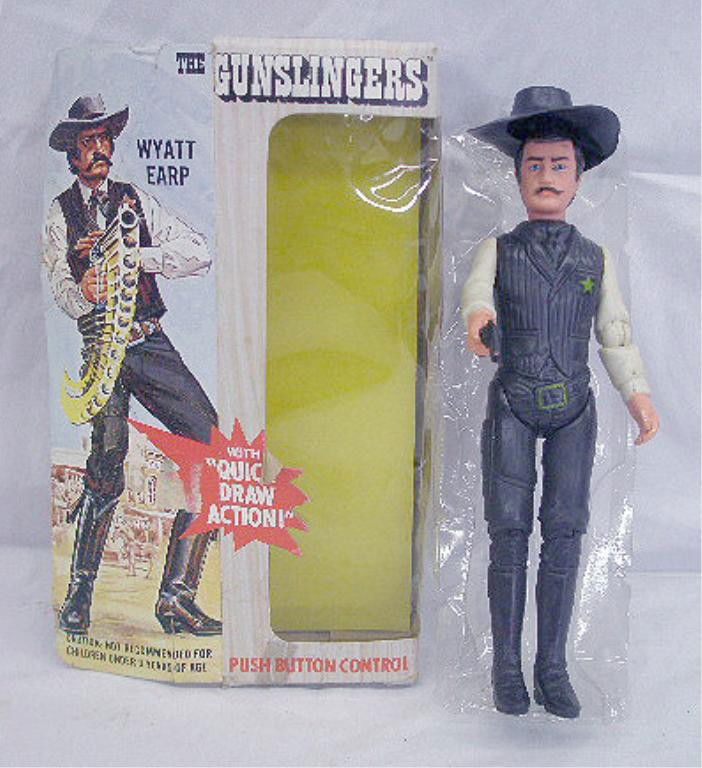 1975 Durham Wyatt Earp Action Figure: 1975 Durham Industries The Gunslingers Wyatt Earp hard plastic 9" action figure with original box. Condition: Very good with no damage, working Quick Draw action, box has wear & tearing.