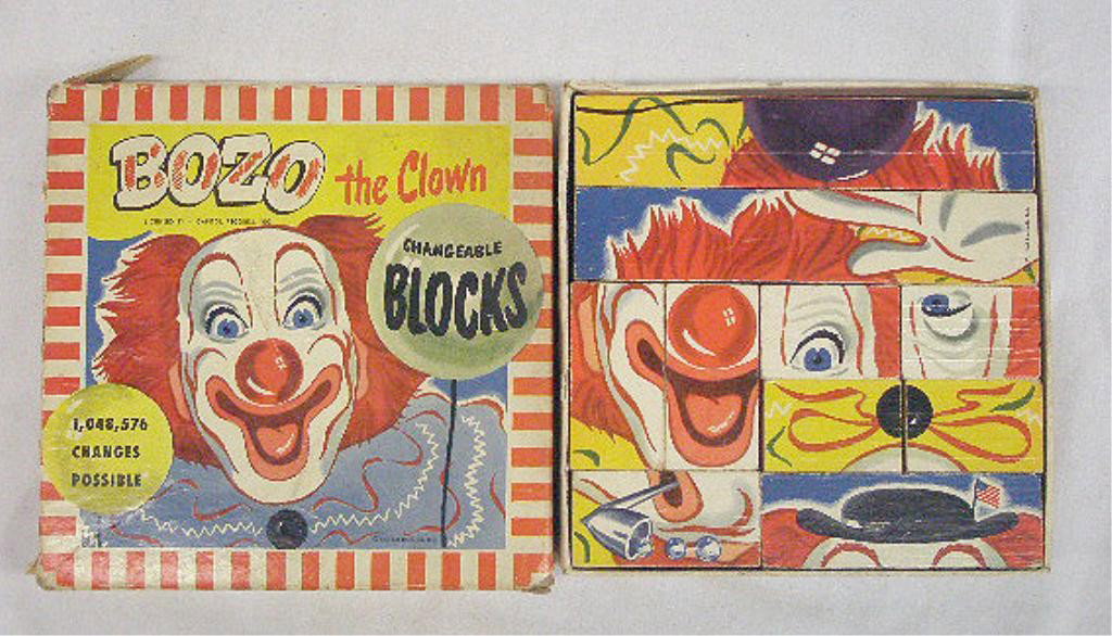 1950's Bozo The Clown Blocks Set: 1950's Gaston Manufacturing Co. Bozo The Clown Changeable Blocks set with original box. Condition: Complete with pieces having some form of wear, box has wear & tearing.