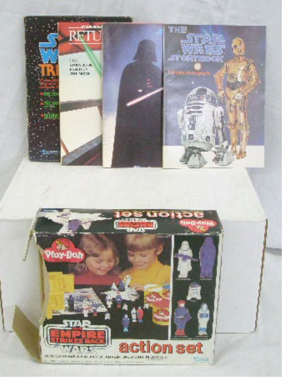 1980's Star Wars Play-Doh & Book Sets: 1980 Kenner Products Star Wars The Emperor Strikes Back Play-Doh action set with original box & 1983 Scholastic Inc. Star Wars Treasury 3 book set in holder. Cond. Action set has not been used, box ha