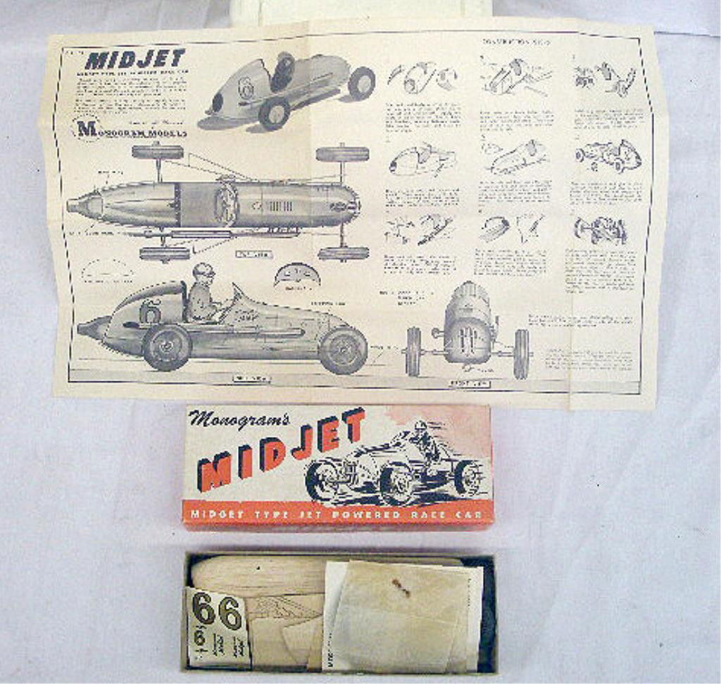 1948 Monogram Balsa Wood Mid Jet Model Kit: 1948 Monogram Models balsa wood Mid Jet, Midget Type Jet Powered Race Car model kit with original box. Cond. Appears to be complete but may have pieces missing, box has minor wear.
