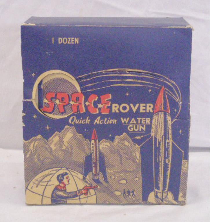 1950's Space Rover Water Gun Display Box: 1950's Jeryco Plastics Corp. Space Rover Quick Action Water Gun store display box. Condition: Areas with wear & or tearing, detached front piece on lid.