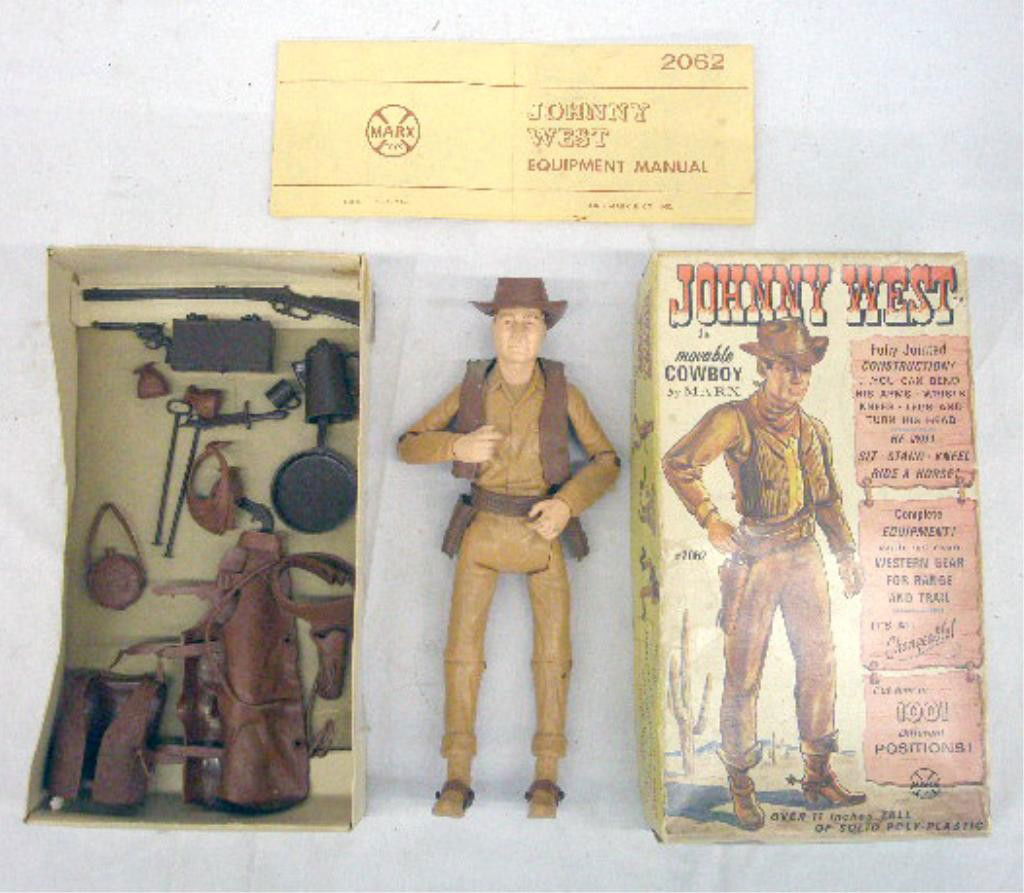 1965 Marx Johnny West Action Figure: 1965 Louis Marx & Co. Inc. Johnny West Best of the West series action figure with accessories & original box. Condition: Doll has minor wear, box has wear & staining.