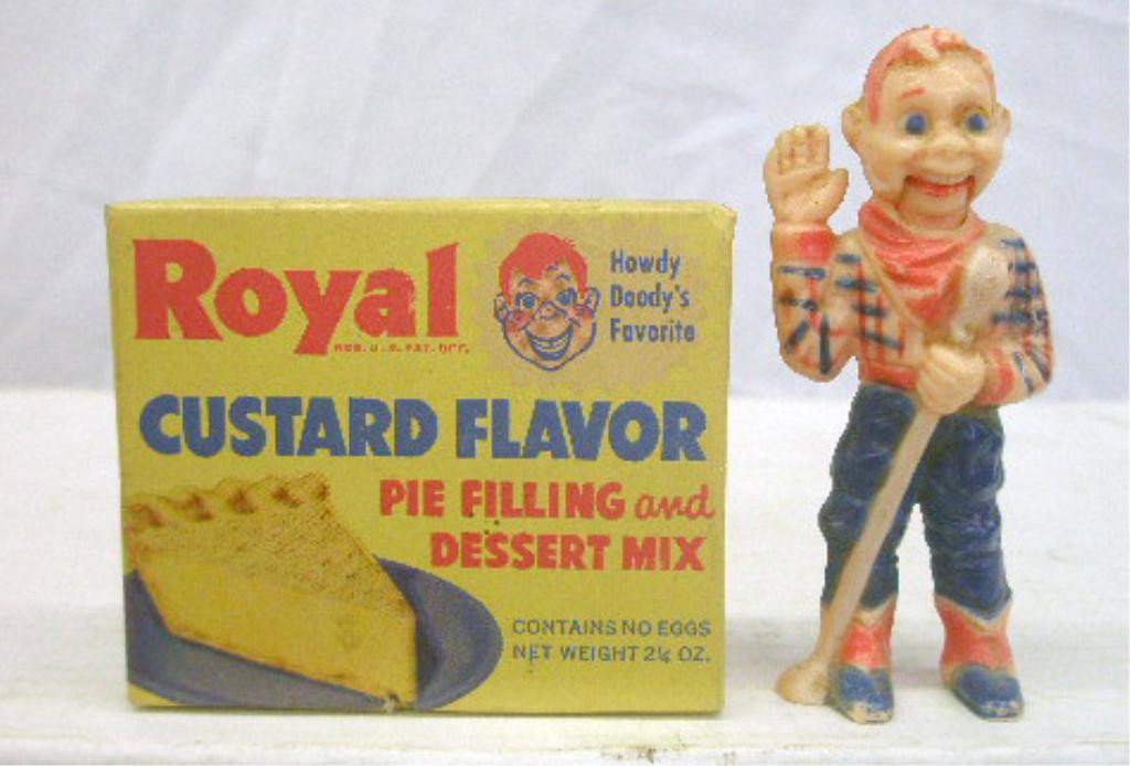 1950's Howdy Doody Novelties: 1950's Howdy Doody painted plastic 4" figure & Royal Custard Pie Filling and Desert Mix unopened box with trading card on back. Condition: Figure has minor wear & loss, box is very good.