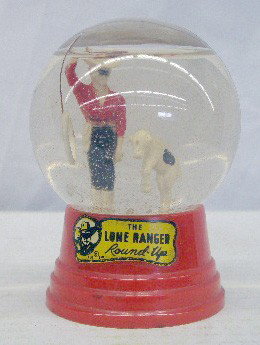 1950's Lone Ranger Snow Globe: 1950's The Lone Ranger Round-Up snow globe. Condition: Very good with wear & melt marks on plastic.