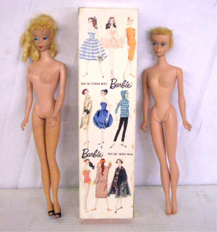 1960's Mattel Barbie Dolls: Lot of two 1960's Mattel Inc. Barbie dolls with original box. Condition: Dolls are very good with minor wear & 1 having hair loss, box has wear & tearing.