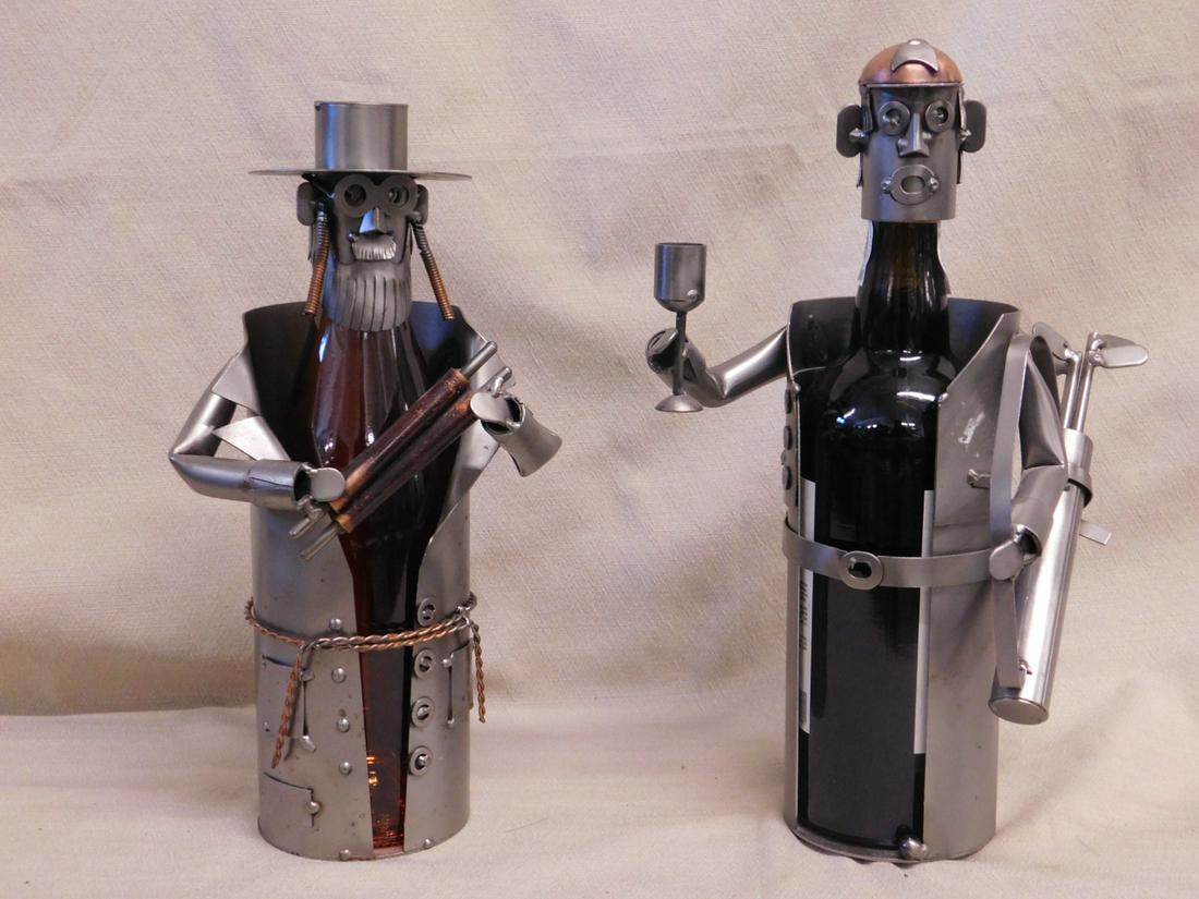 2 H & K Wine Holder Figures WINE NOT INCLUDED: Two H & K Steel wine holder figures, WINE NOT INCLUDED! includes Robbie Holding the Torah and Golfer with golf bag and wine goblet, Robbie has steel corporate label, (WINE NOT INCLUDED). CONDITION: Ve