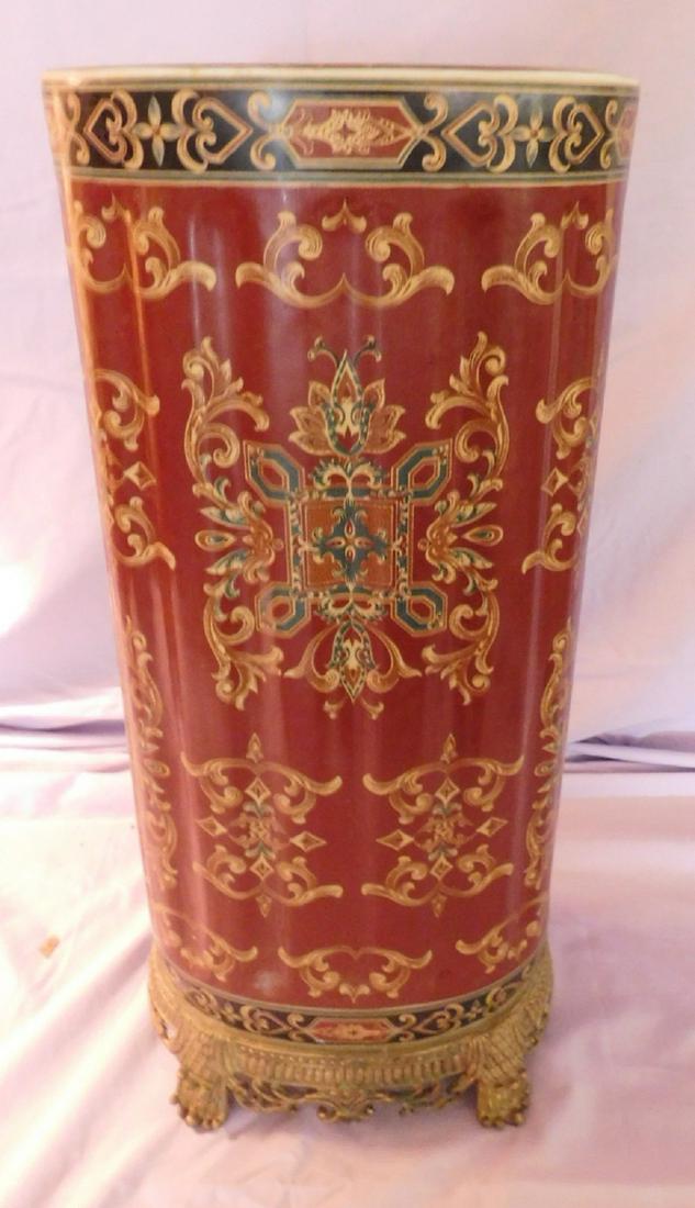 Porcelain umbrella stand: Porcelain umbrella stand on metal base, 20 1/2" h. Condition; very good