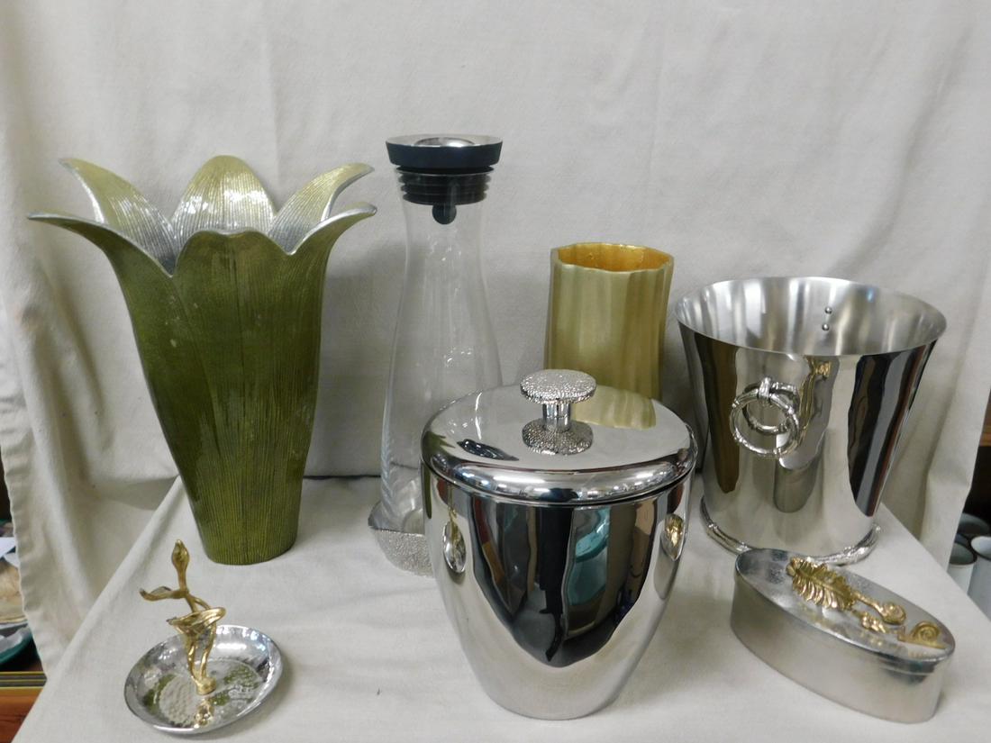 (Michael) Aram Signed Tableware: (Michael) Aram Signed Tableware, stainless steel includes: 8"h Champagne cooler, 8"h covered ice bucket, 5 3/4"d textured wine trivet, a ss, brass and rhinestone vine form ring stand, an oval ss and b