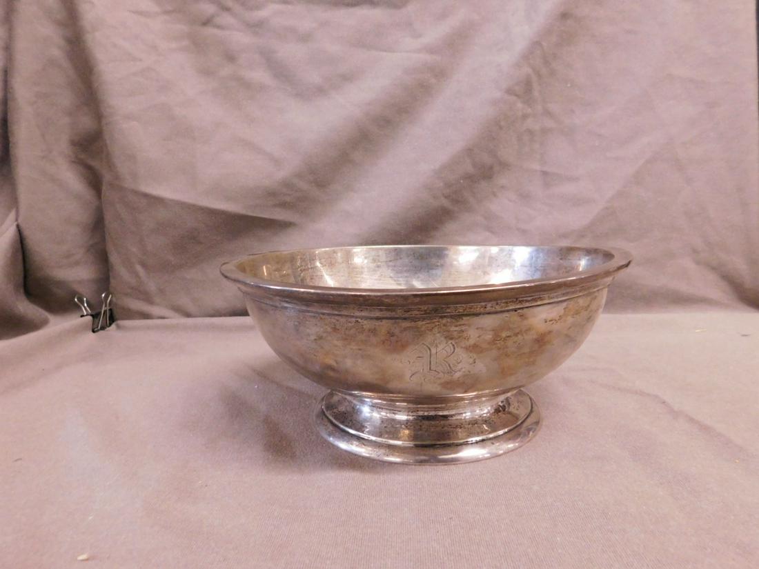 Sterling Deep Bowl: Sterling Deep Bowl, Gorham, No. A 10006, 8 7/8"d, 3 7/8"h, 16.15 oz. Monogrammed "R". CONDITION: Dings and dents, some black spotting.