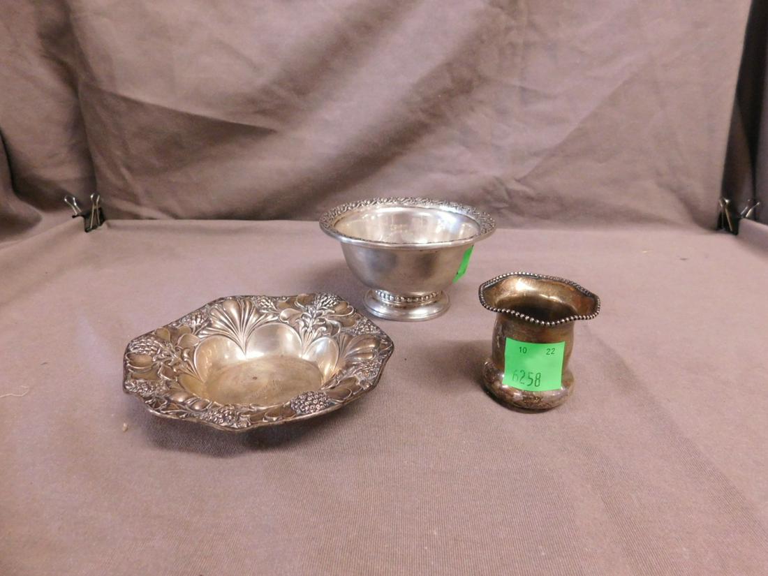 3 Sterling Table Pieces: Three Sterling Table Pieces, includes: Gorham Art Nouveau floral repousse 5 1/2"d, dish monogrammed "Ida", 2.8 ozts; Wallace footed 5"d bowl with embossed left border 2 3/4"", 2.85 ozts,and a beaded r